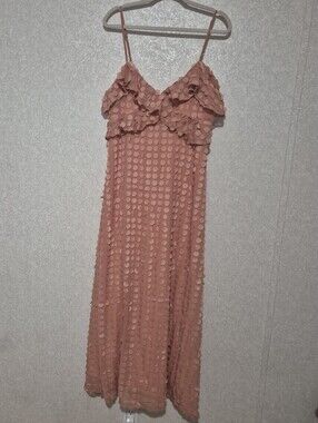 ROSEVELVET Spaghetti-Strap Dusty Rose Maxi Dress-Textured Polka Motif-Size:L